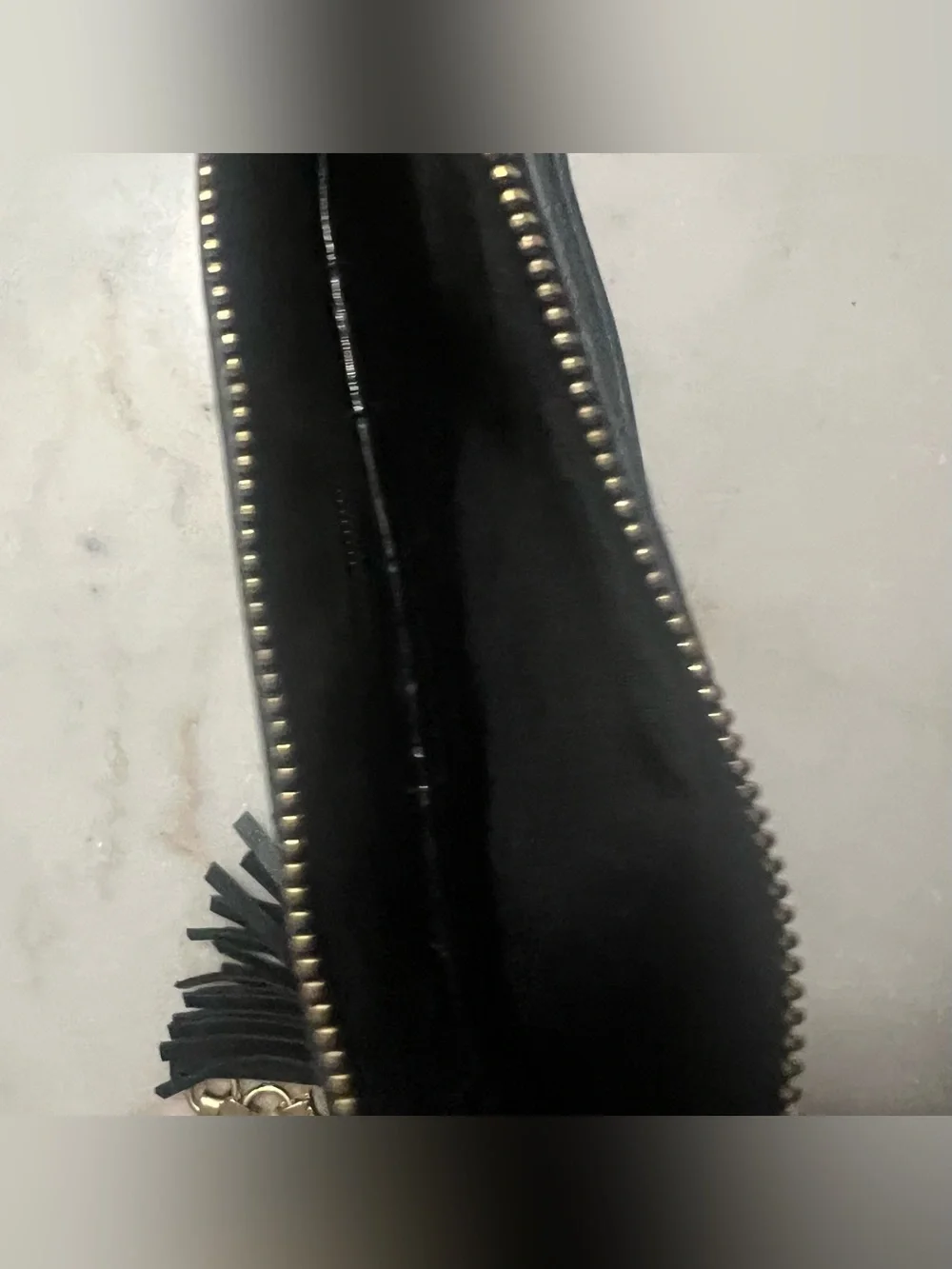 Nanette Lepore Black Patent Leather Croc Embossed Wristlet Gold Chain Accents